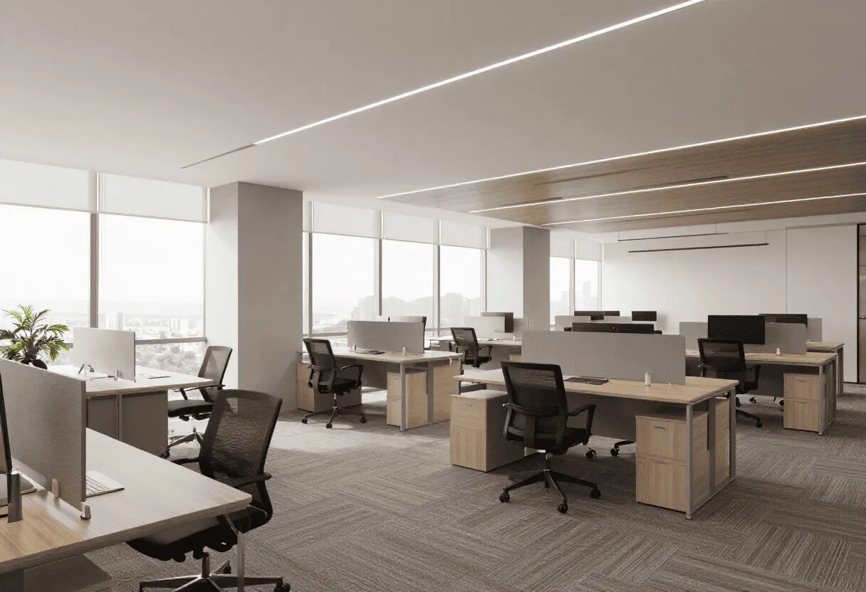 A modern open plan office interior showcasing practical office design solutions for Malaysian businesses