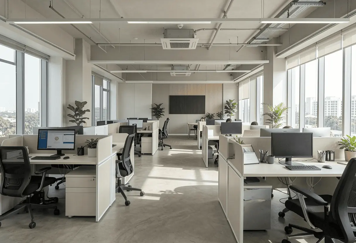 A well-organised office workspace with dedicated desks and collaborative zones as part of a tailored office design solution