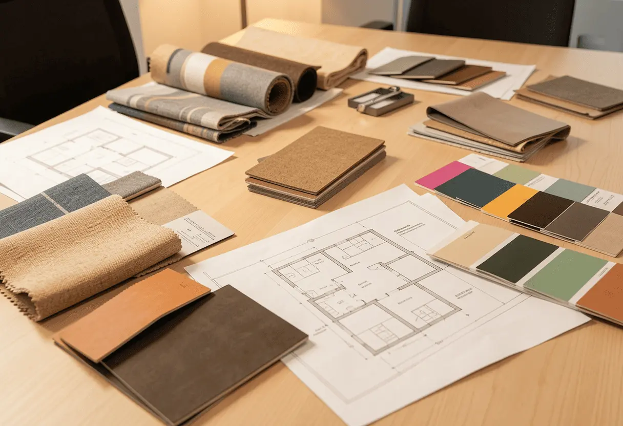 Office layout plans and material samples laid out on a meeting table representing a professional office design solutions consultation