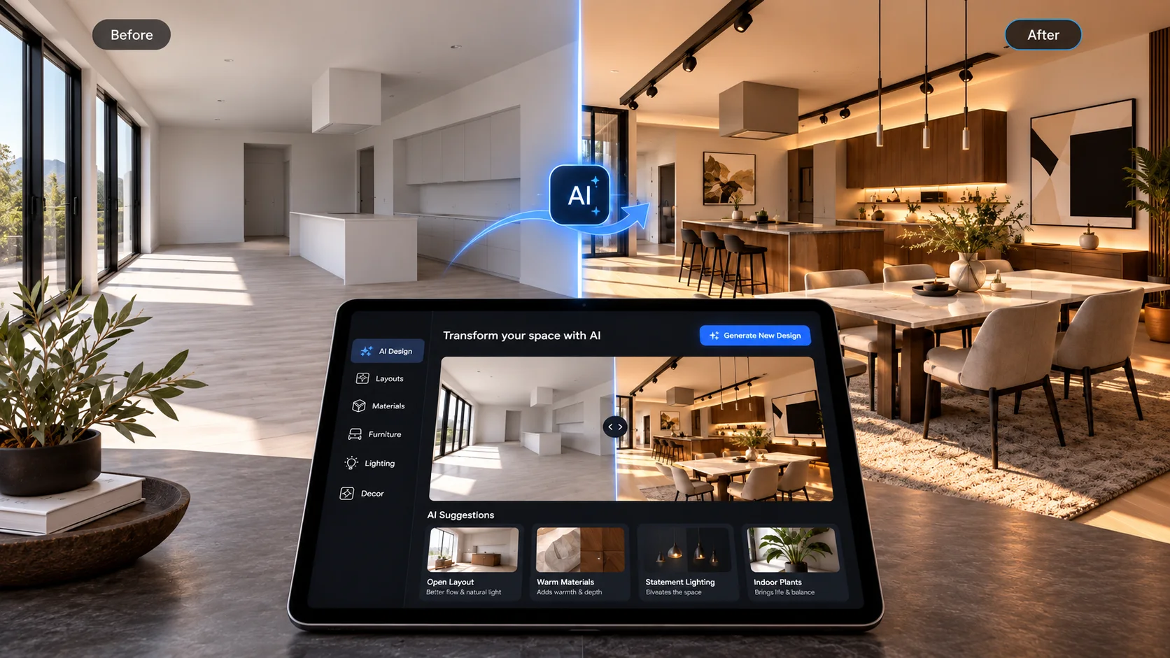 AI interior design app on a tablet showing a before and after
