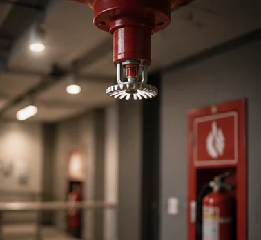 A ceiling sprinkler head and wall fire extinguisher cabinet in an office corridor