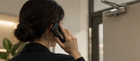 A woman on the phone in an office corridor beside a door closer
