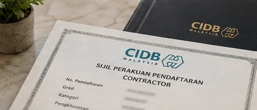 A CIDB Malaysia contractor registration certificate on a desk