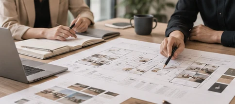 Two people reviewing office floor plans at a desk