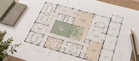 A coloured office space plan on a drawing table
