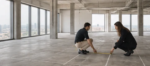 Two people measuring out an empty office floor