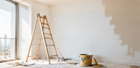 A half-painted room with a ladder and paint tin