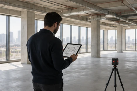 A man with a tablet checking a floor plan in an empty office shell, a laser level on a tripod beside him