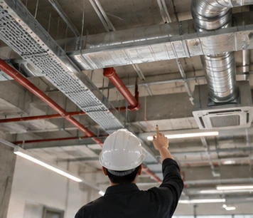A worker in a hard hat pointing at ducts, sprinkler pipes and cable trays in an exposed ceiling