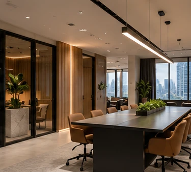 A finished Cat B office with timber-slat walls, glass rooms and a long meeting table