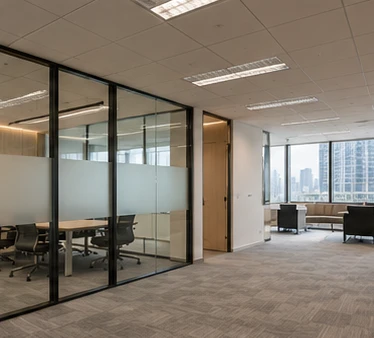 A previous tenant's fit-out with glass meeting rooms and existing furniture