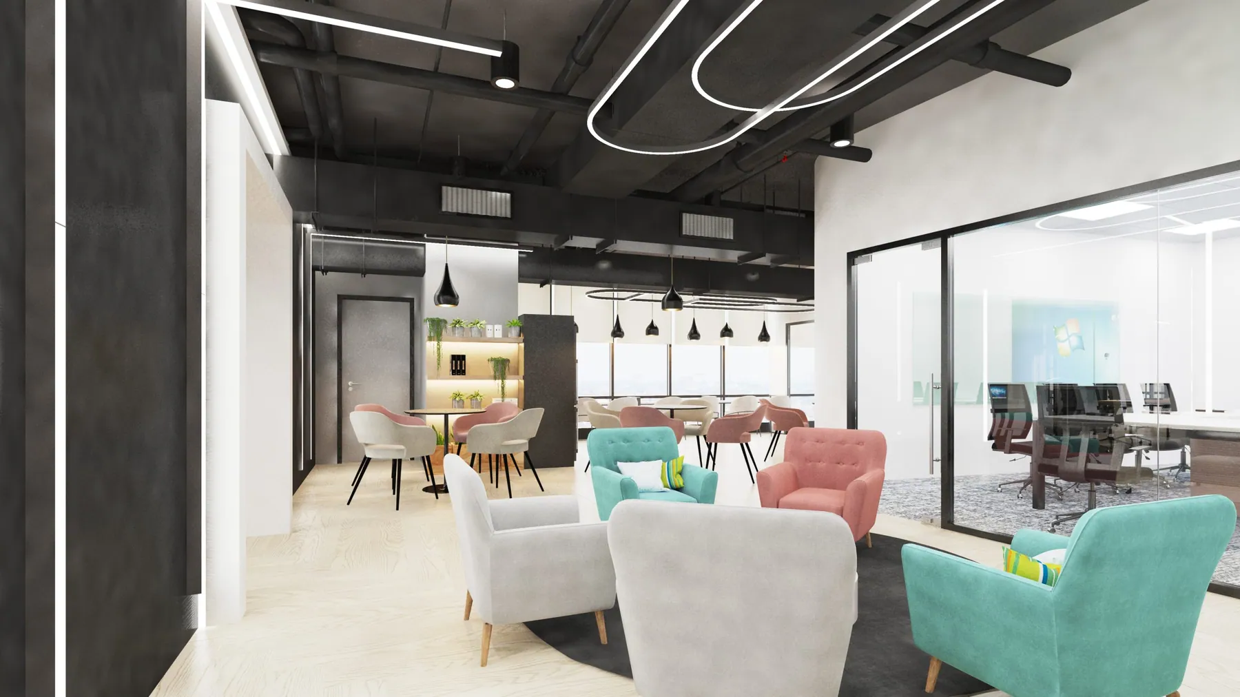 Office lounge with sofas and a feature wall, designed and built by CTN