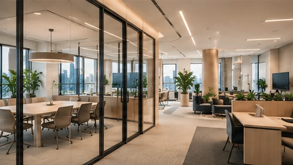 Finished office with a glass-walled meeting room and open workstations