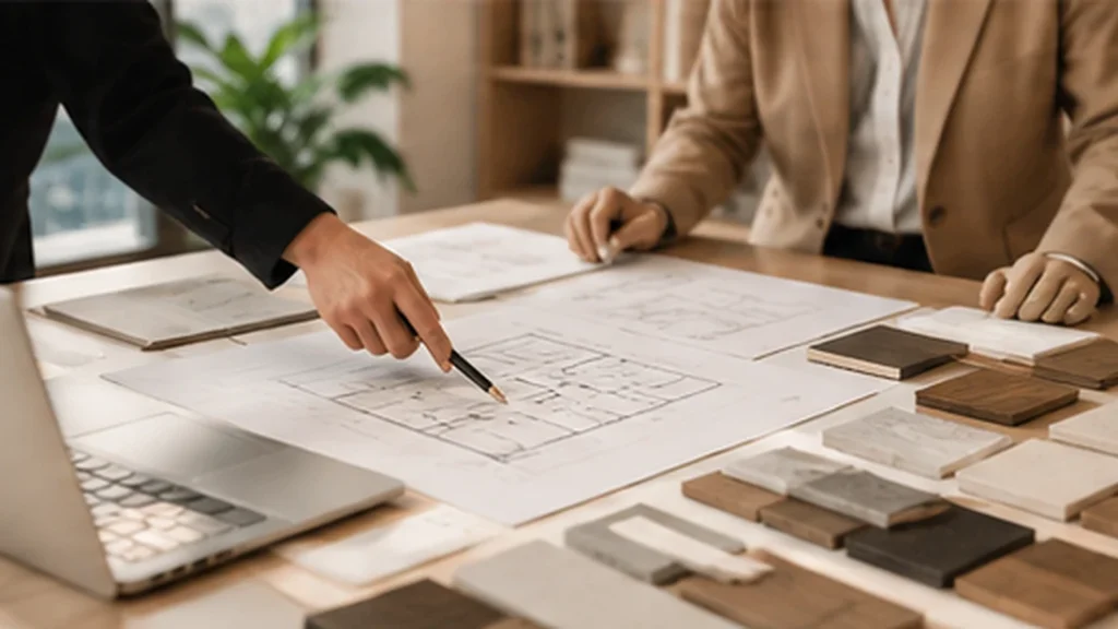 Designer and client reviewing a floor plan beside material samples