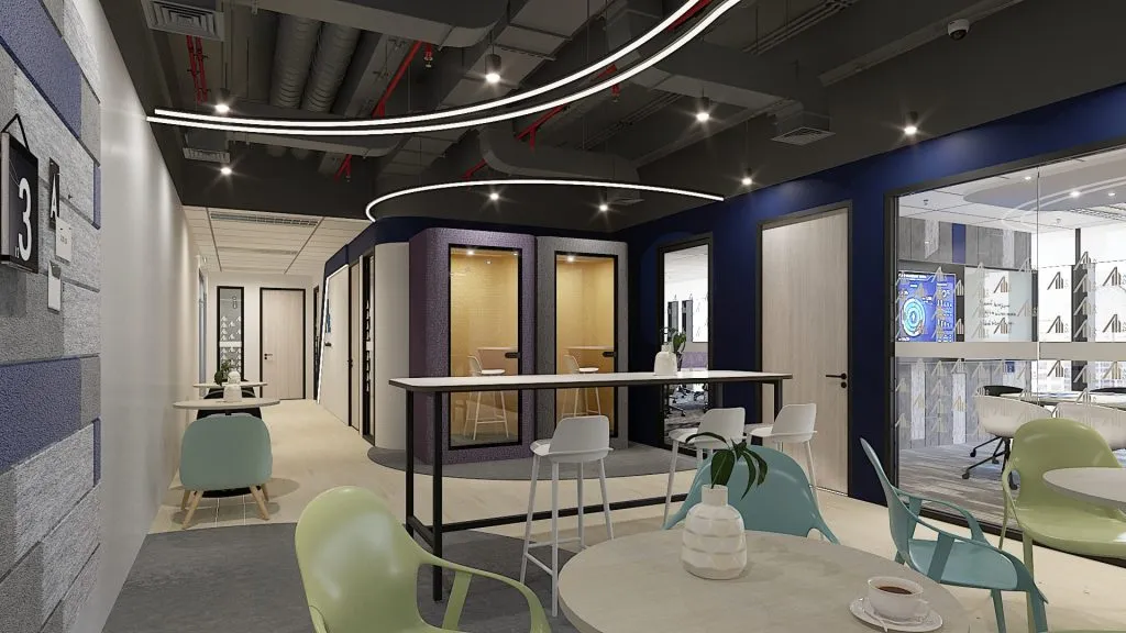 3D visual of an office pantry with lounge seating