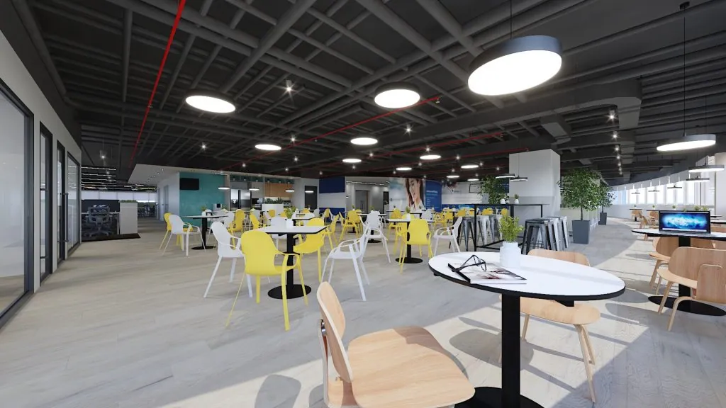 Office cafeteria with yellow chairs and an open ceiling