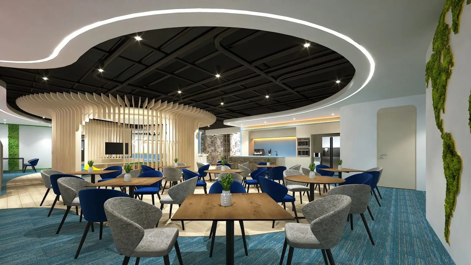 Corporate pantry and dining area with feature ceiling