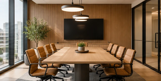 A boardroom with timber-slat walls, warm pendant lighting and tan leather chairs