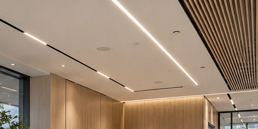 Feature ceiling with linear lights and timber slats