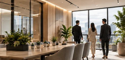 Clients walking through a finished office at handover