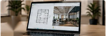 Laptop showing an office floor plan beside a 3D view of the space