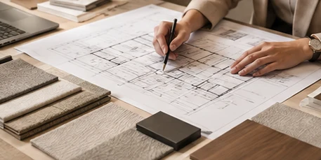 A designer marking up an office floor plan beside finish samples