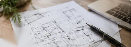 Hand-sketched office floor plan on a desk beside a laptop